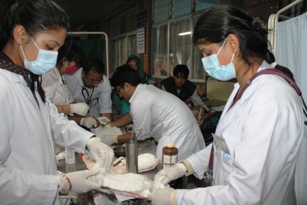 Earthquake disaster victims getting medical treatment at Patan Hospital